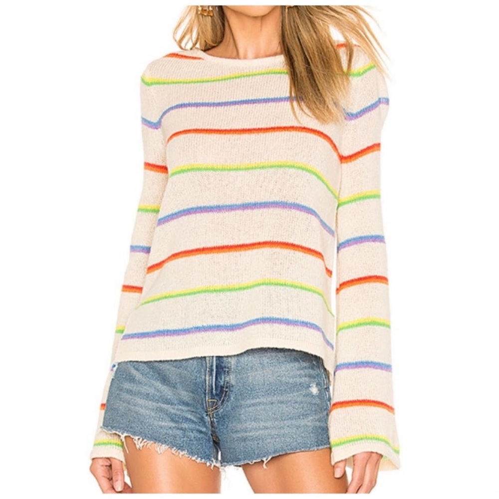 Lovers And Friends cream rainbow striped bell sleeve alpaca blend sweater L